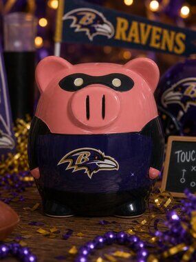 Baltimore Ravens Piggy Bank – Superhero Style – Purple Black – NIB – NFL Fan Col